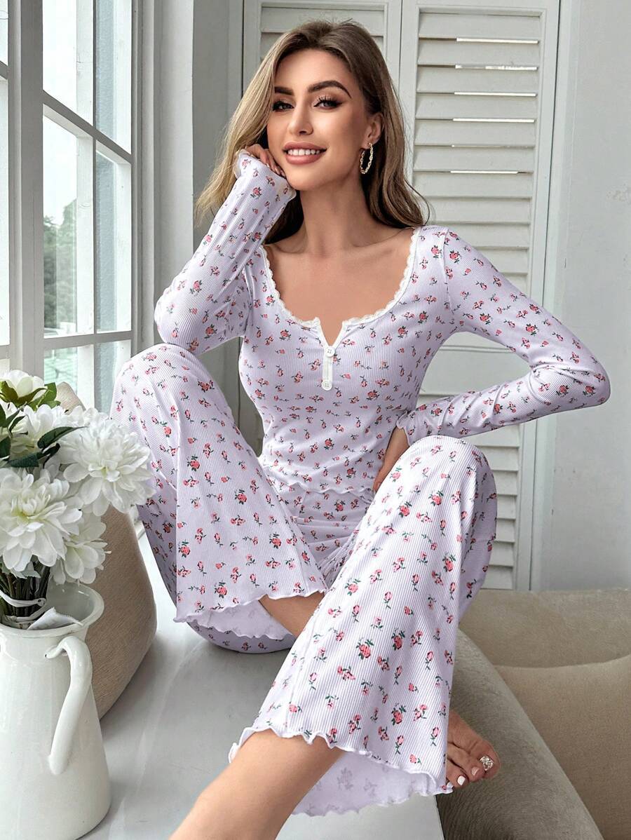 Women Fashion Casual Floral Printed Pajamas Set