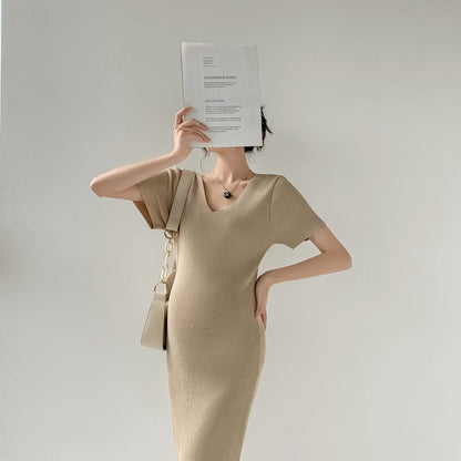 Maternity Summer Knitted Dress with V-Neck Design
