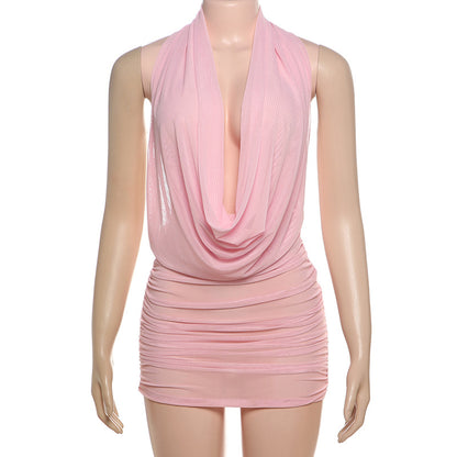 Top sexy de cuello halter de color sólido para mujer y falda plisada