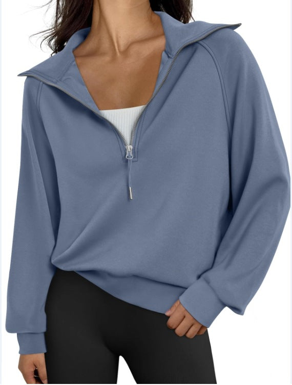 Women Half Zipper Fleece-Lined Solid Color Sweatshirt