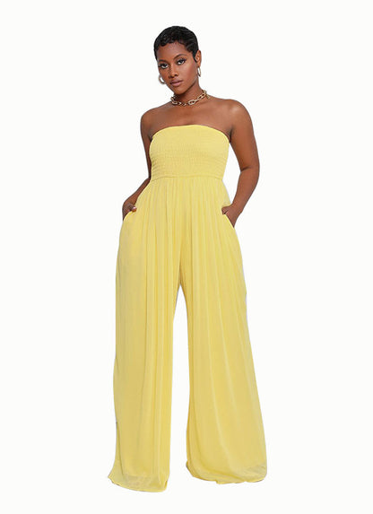 Women Fashion Casual Solid Color Chiffon Sleeveless Wide Leg Jumpsuit