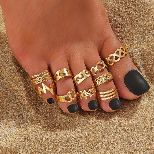 Women Fashion Retro Alloy Star Moon Toe Ring Set