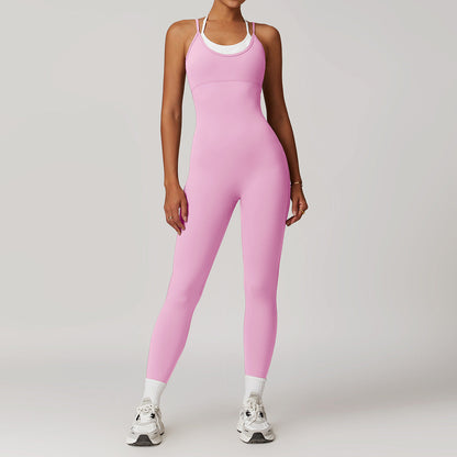 Women Fashion Fake Two-Piece Contrast Color Yoga Jumpsuit
