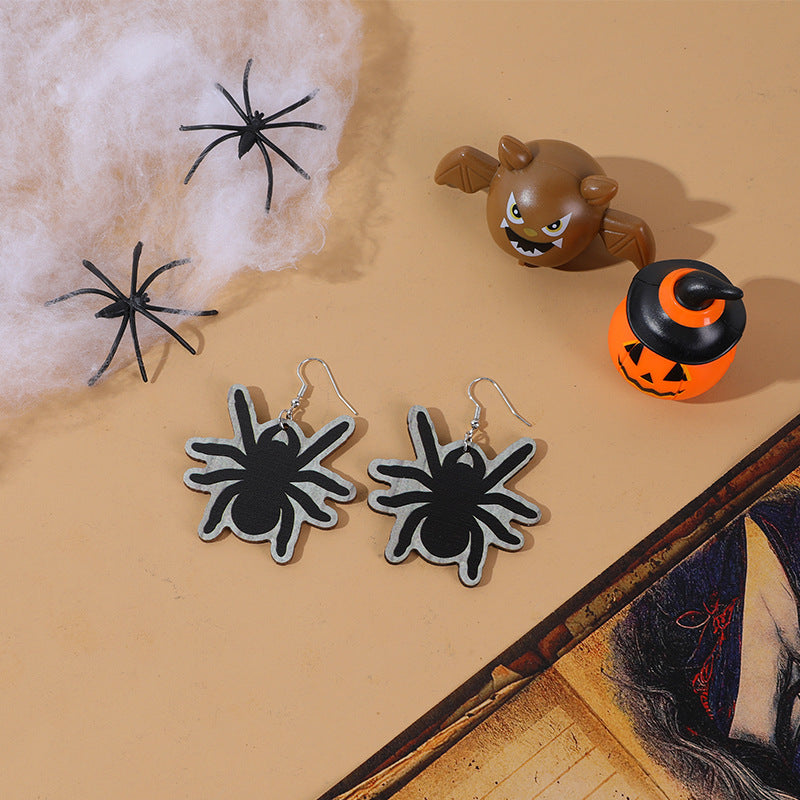 Halloween Women Cartoon Funny Wood Earrings with Spider Bat Ghost Pumpkin