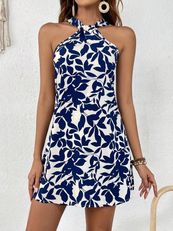 Robe de vacances sans manches imprimée à col tendance pour femme