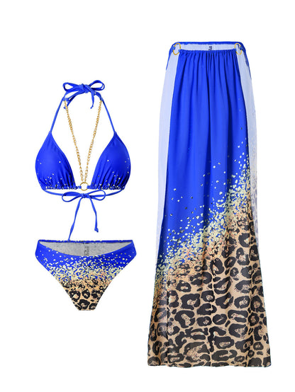 Conjunto de bikini de tres piezas con cadena y estampado de leopardo sexy para mujer
