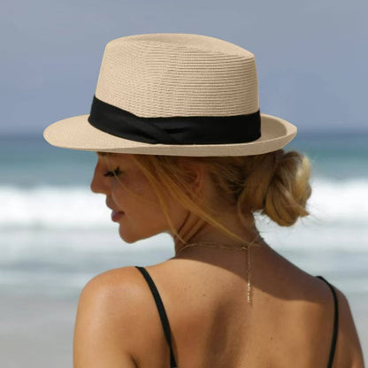 Sombrero de sol informal para mujer con material de paja y ala ancha
