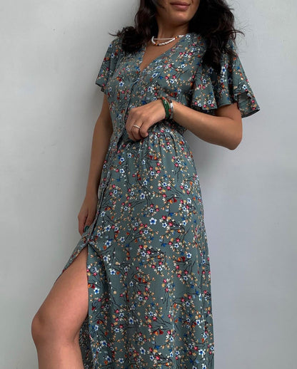 Vestido holgado informal con estampado floral, escote en V y manga corta para mujer