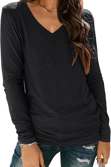 Women Fashion Casual Solid Color V-Neck Long Sleeve Blank T-Shirt