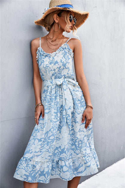 Vestido elegante bohemio sin mangas con volantes florales de verano para mujer