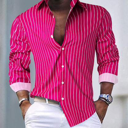 Men's Casual Stripe Lapel Long Sleeve Shirt