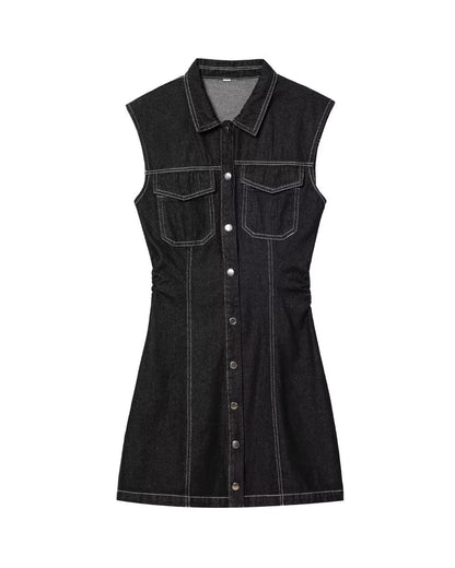Vestido mini plisado de mezclilla sin mangas para mujer
