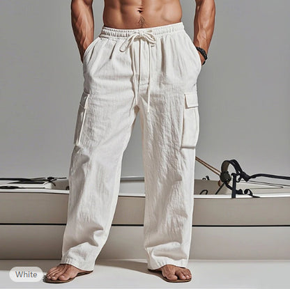 Men Casual Cotton Linen Multi-Pocket Pants