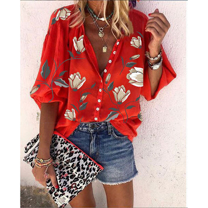 Chemisier décontracté à manches longues et imprimé floral pour femme, en polyester