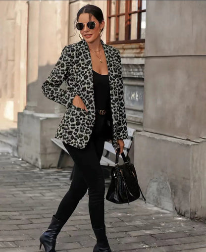 Manteau décontracté à manches longues en laine léopard pour femme