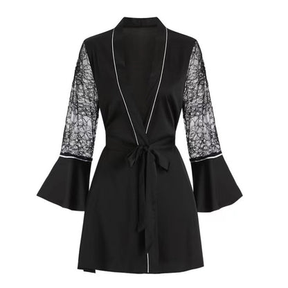 Elegant Lace Splicing V-Neck Long-Sleeve Dress Pajamas