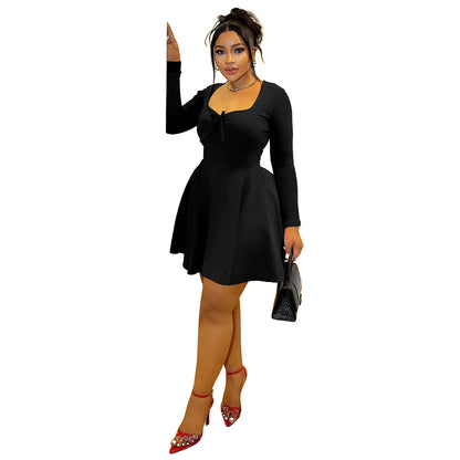 Women Fashion Casual Solid Color Plus Size Long Sleeve Dress