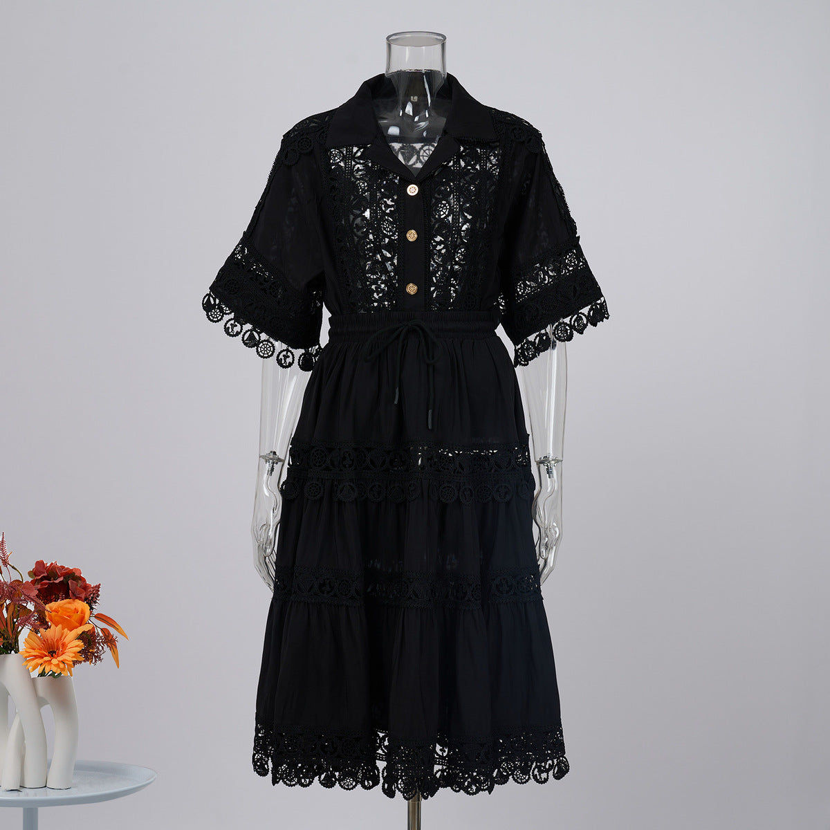 Vintage Palace Style Lapel Embroidered Lace Shirt Skirt Set