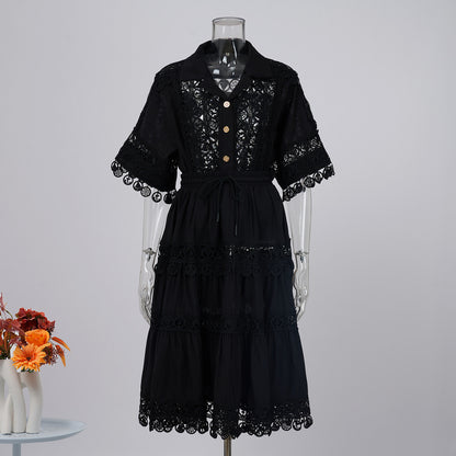 Vintage Palace Style Lapel Embroidered Lace Shirt Skirt Set