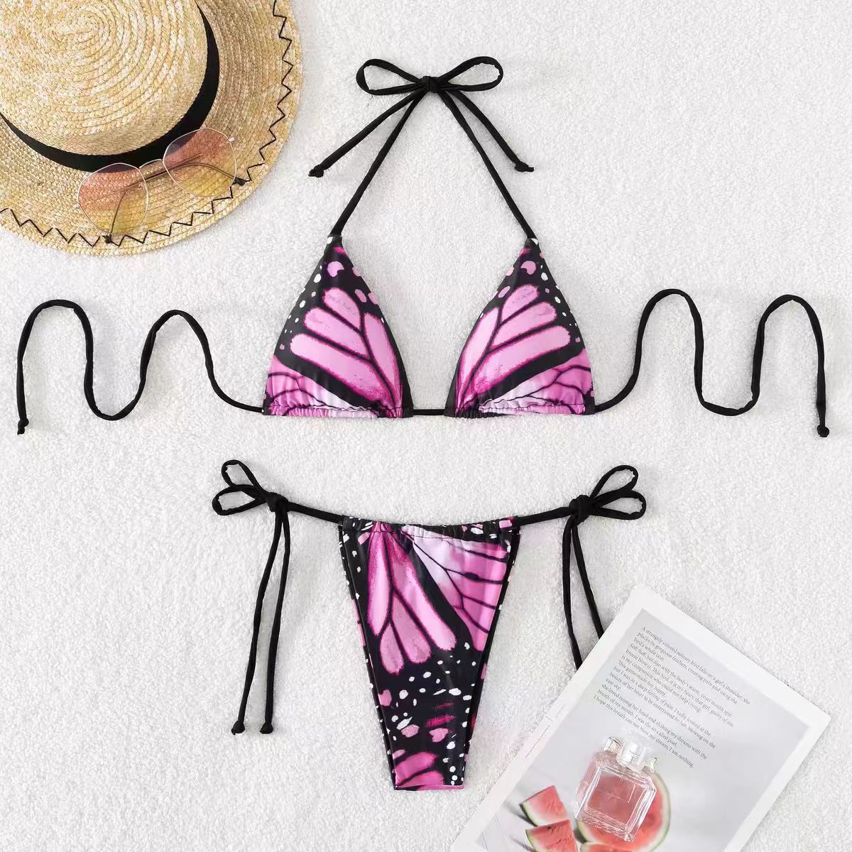 Bikini sexy con cuello halter y estampado de mariposas para mujer