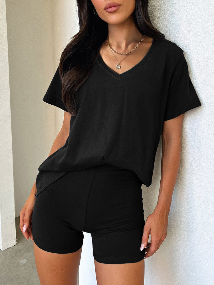 Women Fashion Casual V-Neck Short-Sleeve T-Shirt Set