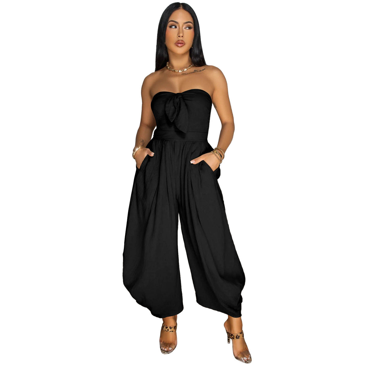 Women Summer Fashion Solid Color Strapless Jumpsuit