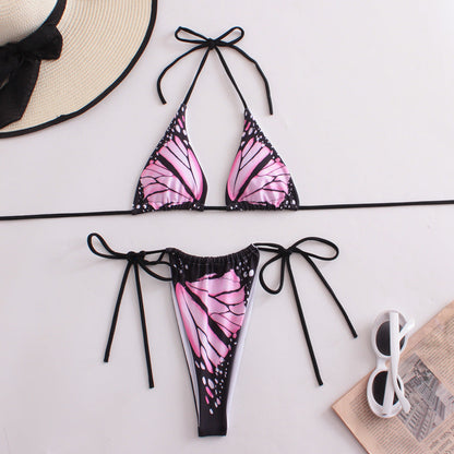 Bikini sexy con cuello halter y estampado de mariposas para mujer