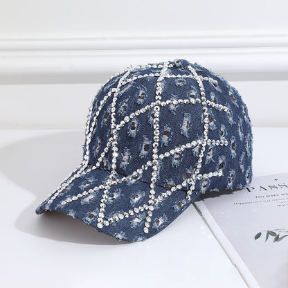 Gorra de béisbol vaquera rasgada con diamantes de imitación para mujer