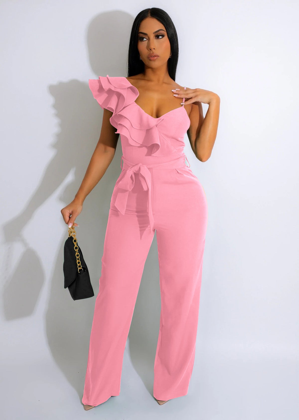 Women Fashion Solid Color V-Neck Ruffled Jumpsuits