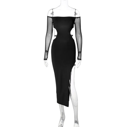 Women Fashion Off Shoulder Backless Long Sleeve Dress