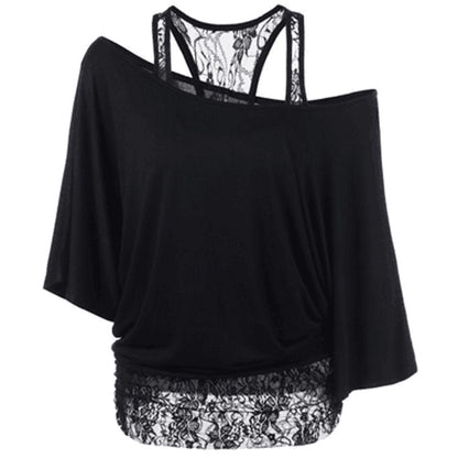 Plus Size Lace Splicing Slanted Shoulder T-Shirt
