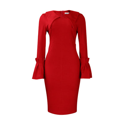 Women Fashion Elegant Solid Color Long Sleeve Dress