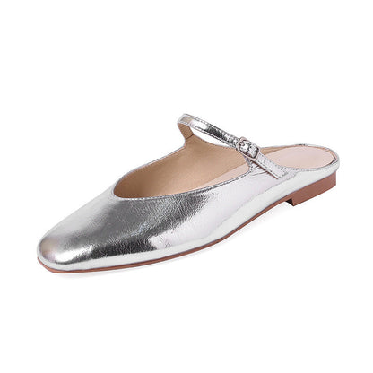 Zapatos planos plateados estilo Mary Jane con boca en V para mujer