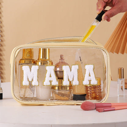 Bolsa de cosméticos impermeable de PVC transparente con letras bordadas