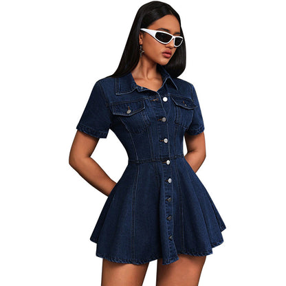 Women Fashion Denim Lapel Short Sleeve Dress