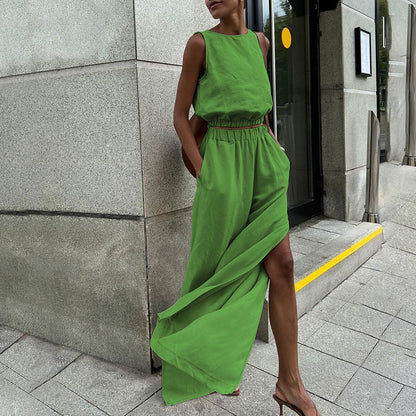 Women Sleeveless Casual Cotton Linen Two-Piece Set with Side Slits