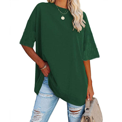 Camiseta informal de manga corta con cuello redondo para mujer, lisa, holgada y lisa
