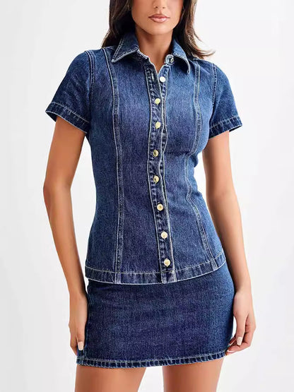 Women Fashion Lapel Short Sleeve Button Denim Top High Waist Skirt Two-Piece Set