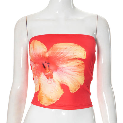 Women Fashion Sexy Floral Print Tub Crop Top Polyester Spandex Street Style
