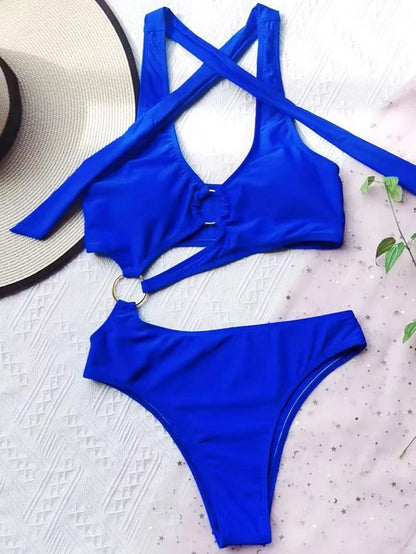 Women Fashion Sexy Solid Hollow-Out Halter Neck Swimsuit
