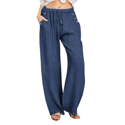 Pantalon décontracté en coton et lin de couleur unie pour femme
