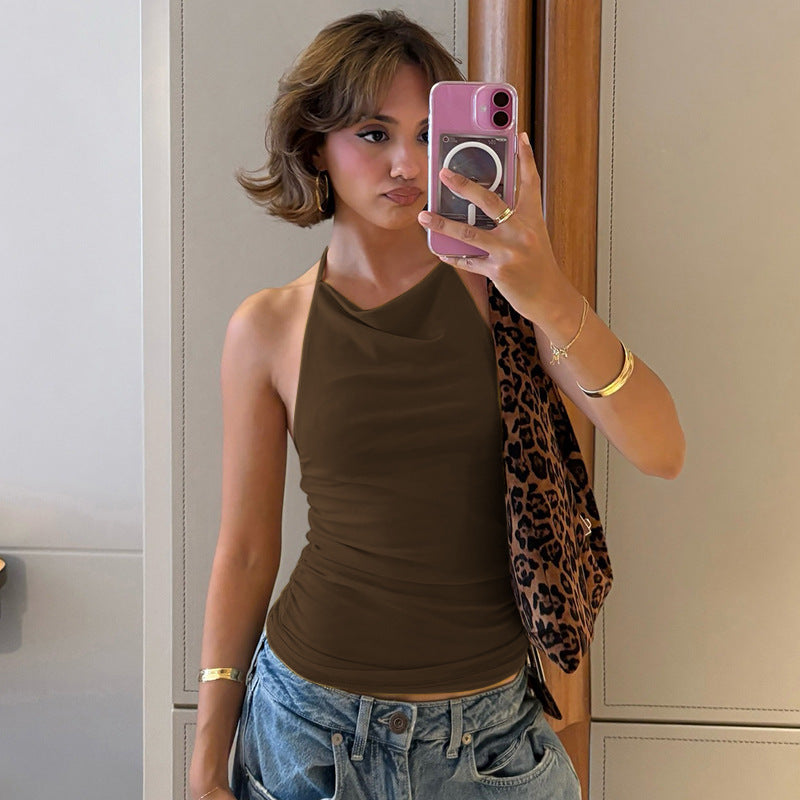 Women Solid Color Polyester Halter-Neck Tank Top