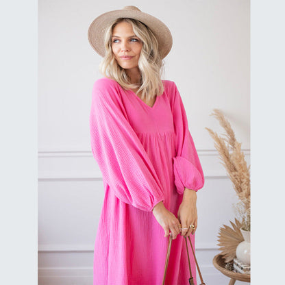 Vestido largo bohemio informal de color liso y manga larga para mujer