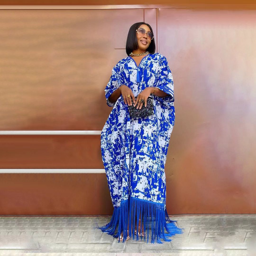 Women Fashion Boho V-Neck Tassel Loose Short Sleeve Maxi Dress