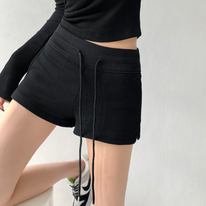 Women Fashion Casual Solid Color Drawstring Shorts