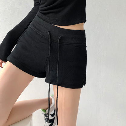 Women Fashion Casual Solid Color Drawstring Shorts