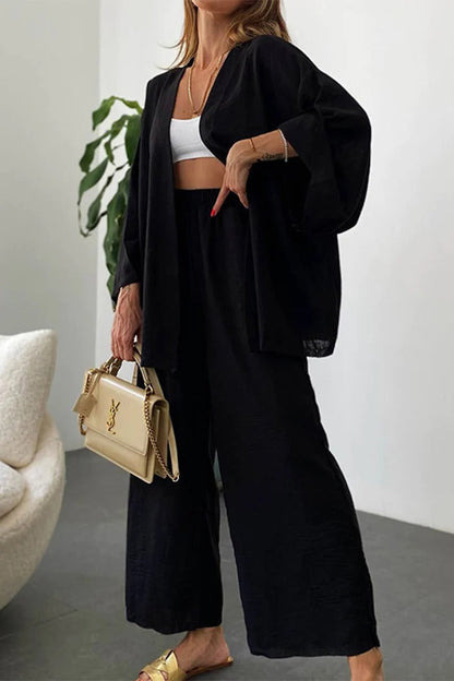 Women Fashion Casual Cotton Linen Cardigan Set