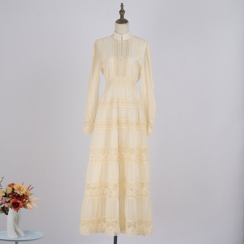 Stand Collar Stitching Lace Hollow Button Maxi Dress