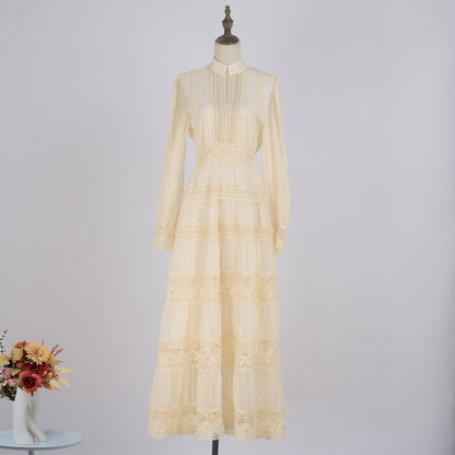 Stand Collar Stitching Lace Hollow Button Maxi Dress
