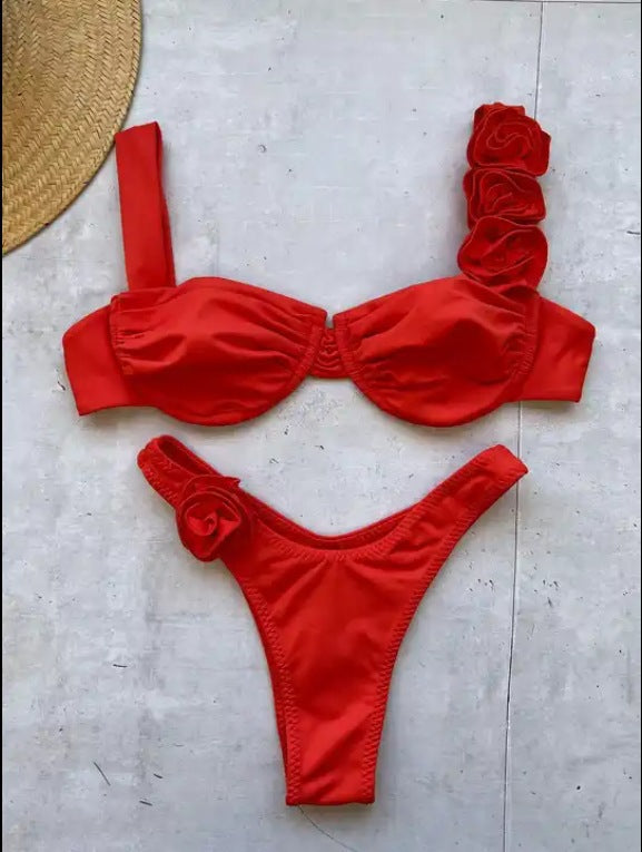 Conjunto de bikini sexy con tirantes rosas de color liso para mujer